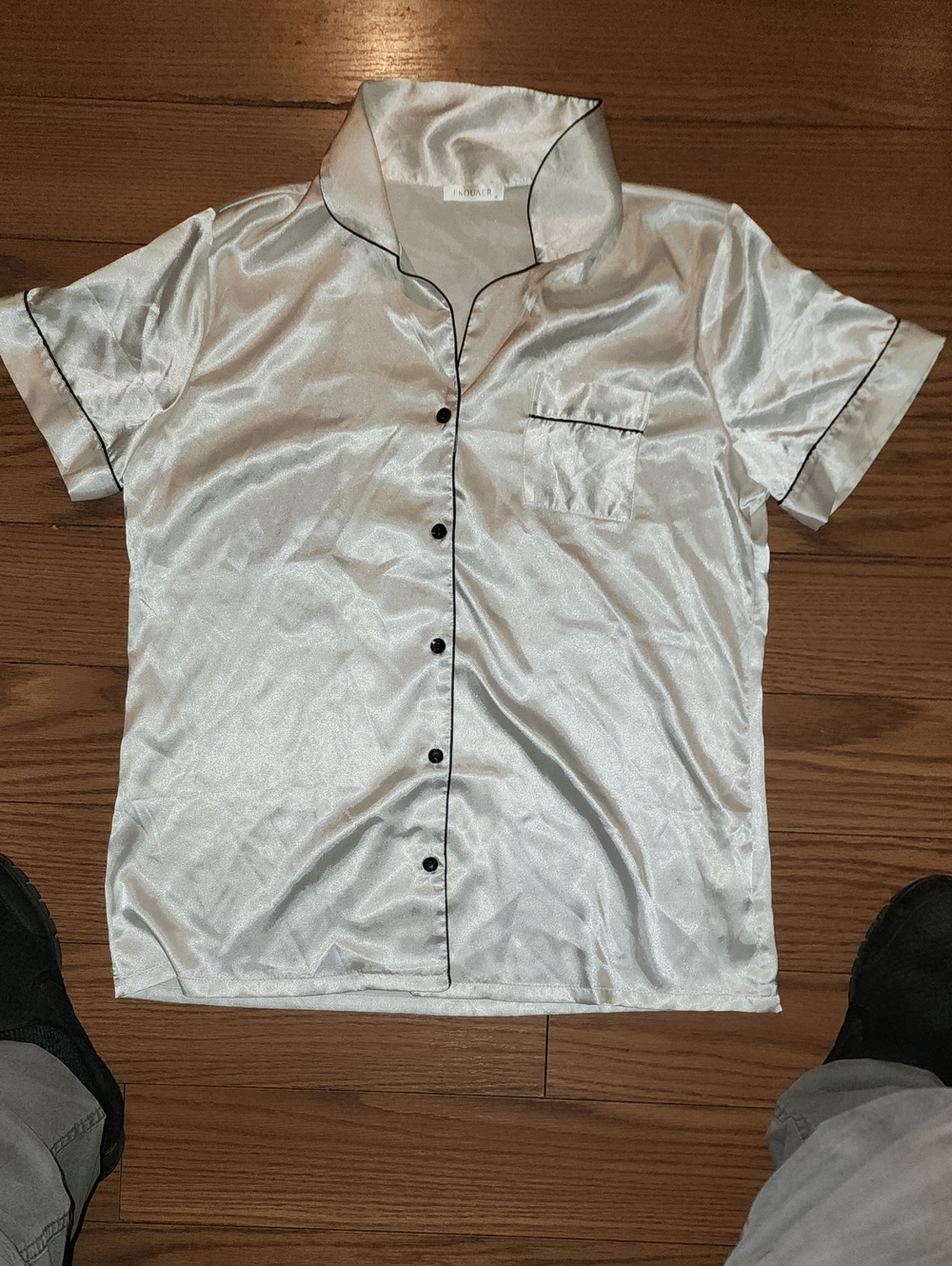 Satin Short-Sleeve Pajama Top with Contrast Piping - White